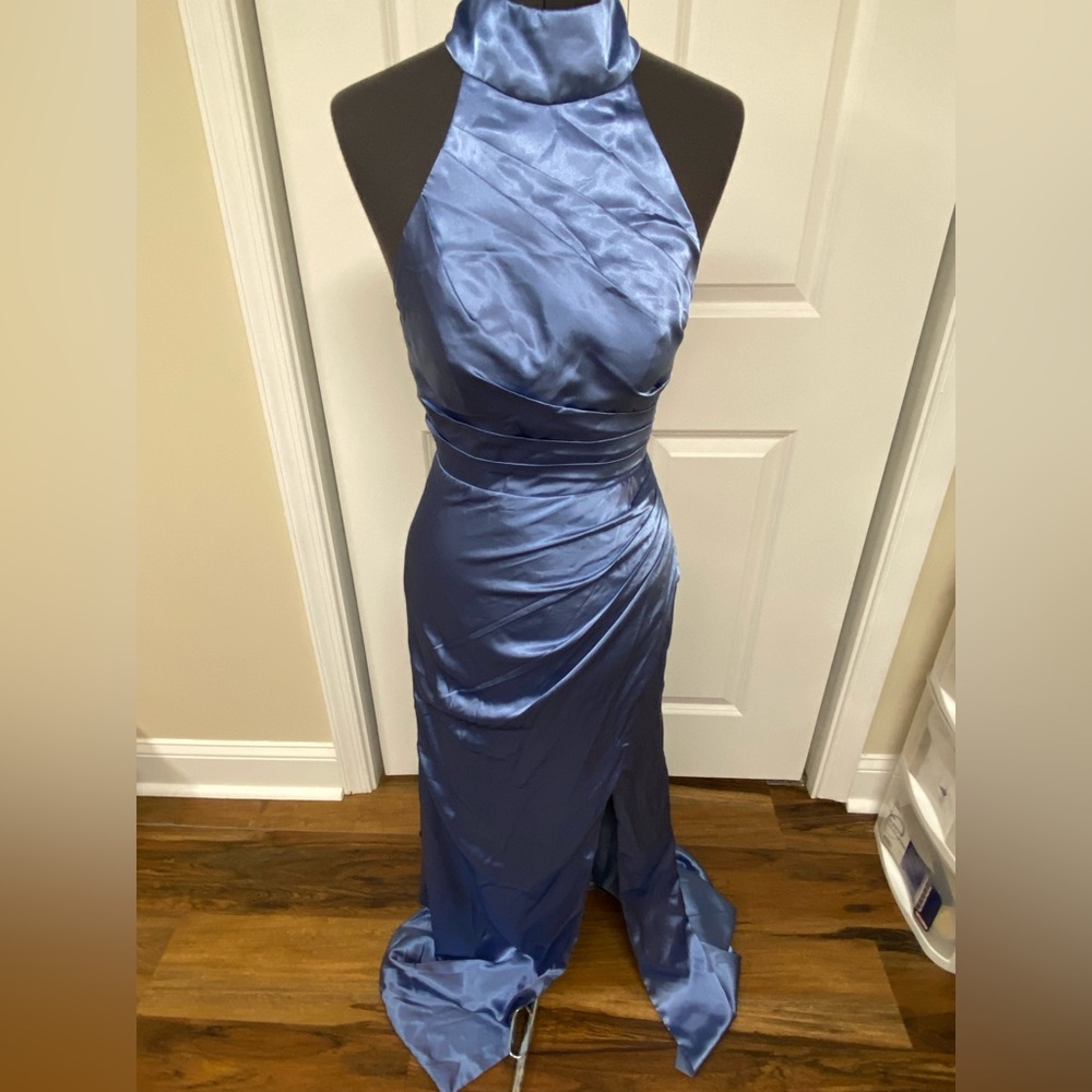 Elegant Blue Satin Halter Dress